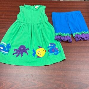 Smocked Blessings Green Sea Creature Dress with Blue Ruffle Shorts